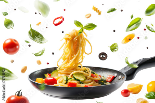 Italian pasta with vegetables floating on a hot pan. Isolated on a transparent white background.