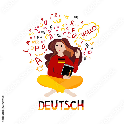 Deutsch. Translation: "German".  Illustration for book, dictionary, vocabulary, speaking, reading, writing, listening skills. Young woman girl student learning German language. Education  illustration