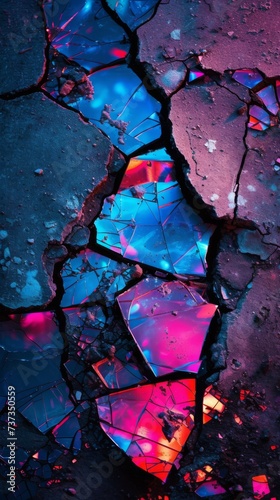 Crack in the Concrete in the Style of Diamond Hypercolorful Dreamscapes Glass Fragments Bioluminescence Art Background created with Generative AI Technology