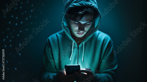 Junger Mann wird von Smartphone angestrahlt, Smombie, blaue Lichtstimmung