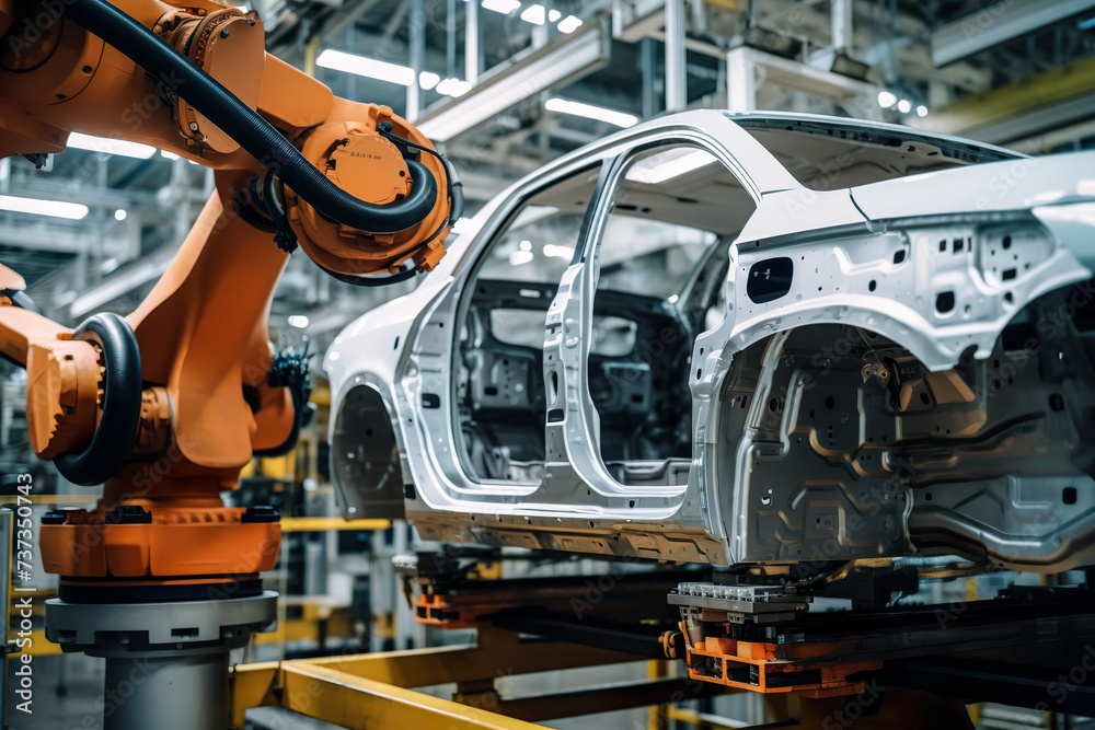 Robot Arm Assembling Car In Manufacturing Plant