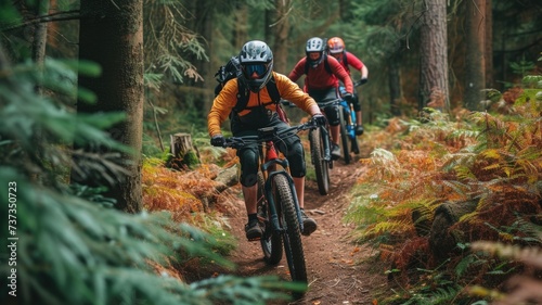 Adventurous off-road bikers navigating through a dense forest trail, reflecting the thrill of off-road biking © Anna
