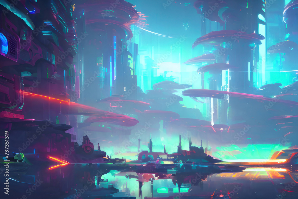 Fototapeta premium Cyberpunk skyline, cityscape