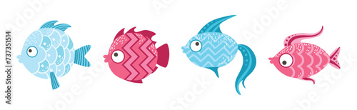 Cute Sea Fish as Aquarium Swimming Creature Vector Set