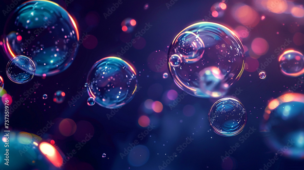 Glowing Neon Bubbles: Dark Blue Background Illuminated with Light