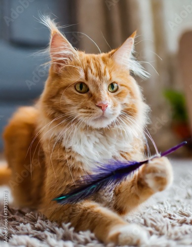Orange cat with a feather