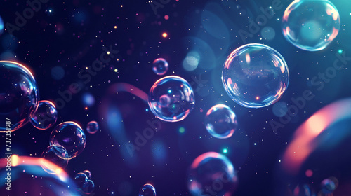Neon Elegance: Vibrant Bubbles on Dark Blue Background