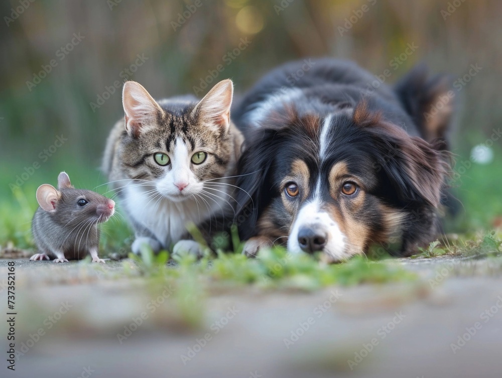 Unlikely Friends: Cat, Dog, and Mouse Together Outdoors Unlikely Friends: Cat, Dog, and Mouse Together Outdoors