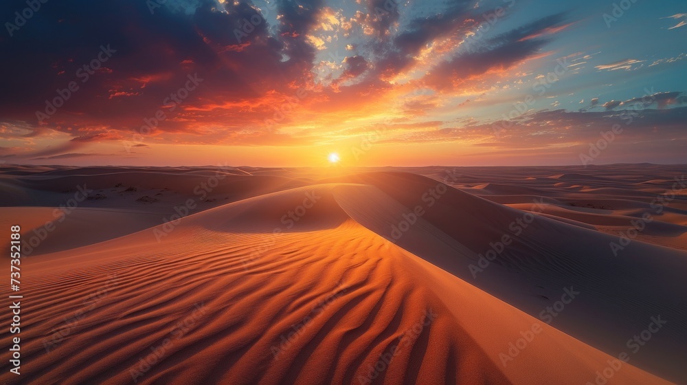 the sun is setting over a desert with sand dunes foreground and a few clouds sky. the sun is setting over a desert with sand dunes foreground and a few clouds sky.