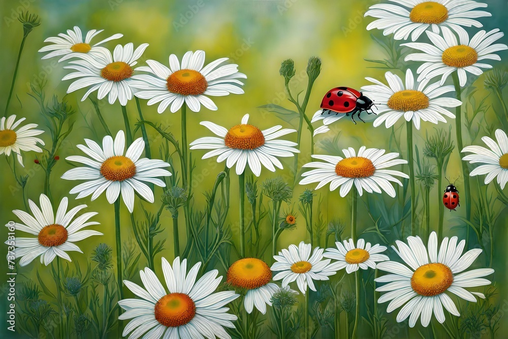 daisies in a meadow, In a lush garden in the heart of summer, a delicate camomile flower sways gently in the breeze. A vibrant red ladybug perches atop the flower's petals, adding a splash of color to