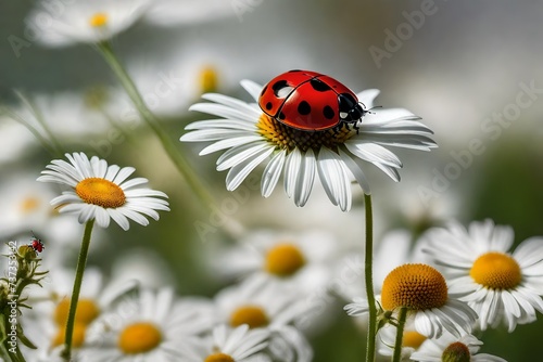 ladybug on daisy, In a lush garden in the heart of summer, a delicate camomile flower sways gently in the breeze. A vibrant red ladybug perches atop the flower's petals, adding a splash of color to th