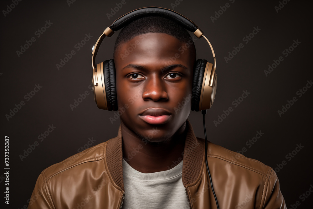 Junger schwarzer Mann trägt stylische Kopfhörer, Mann hört Musik, Fashion Hintergrund - obrazy, fototapety, plakaty 