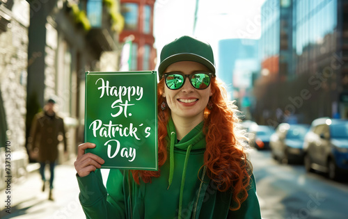 Young woman with red hair holding a sign with text "Happy St. Patrick´s Day"
