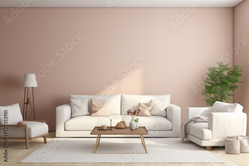 Cozy bedroom in a minimalist Scandinavian style with a bed, pillows and with beige walls.	
