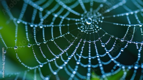 a close up of a spider web with drops of water on the spider's web, with green leaves in the background.