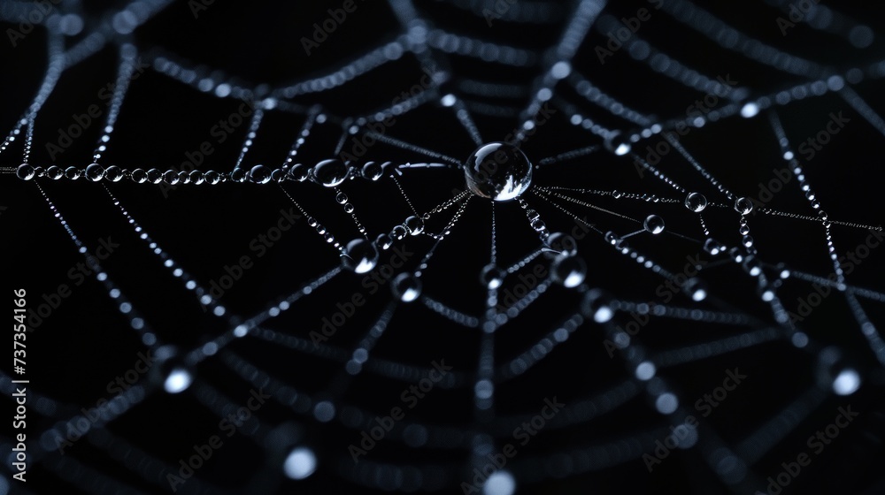Obraz premium a close up of a spider web with drops of water on the spider's web in the center of the web.