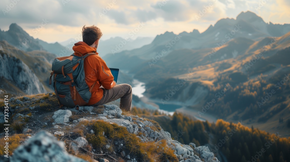Man working remotely using a laptop while sitting on a mountain summit, warm tones, minimalistic, tranquility and serenity of working surrounded by nature, aerial view