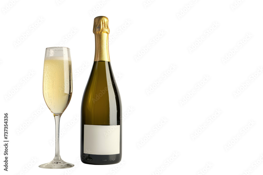 Champagne bottle with glass isolated on transparent white background.