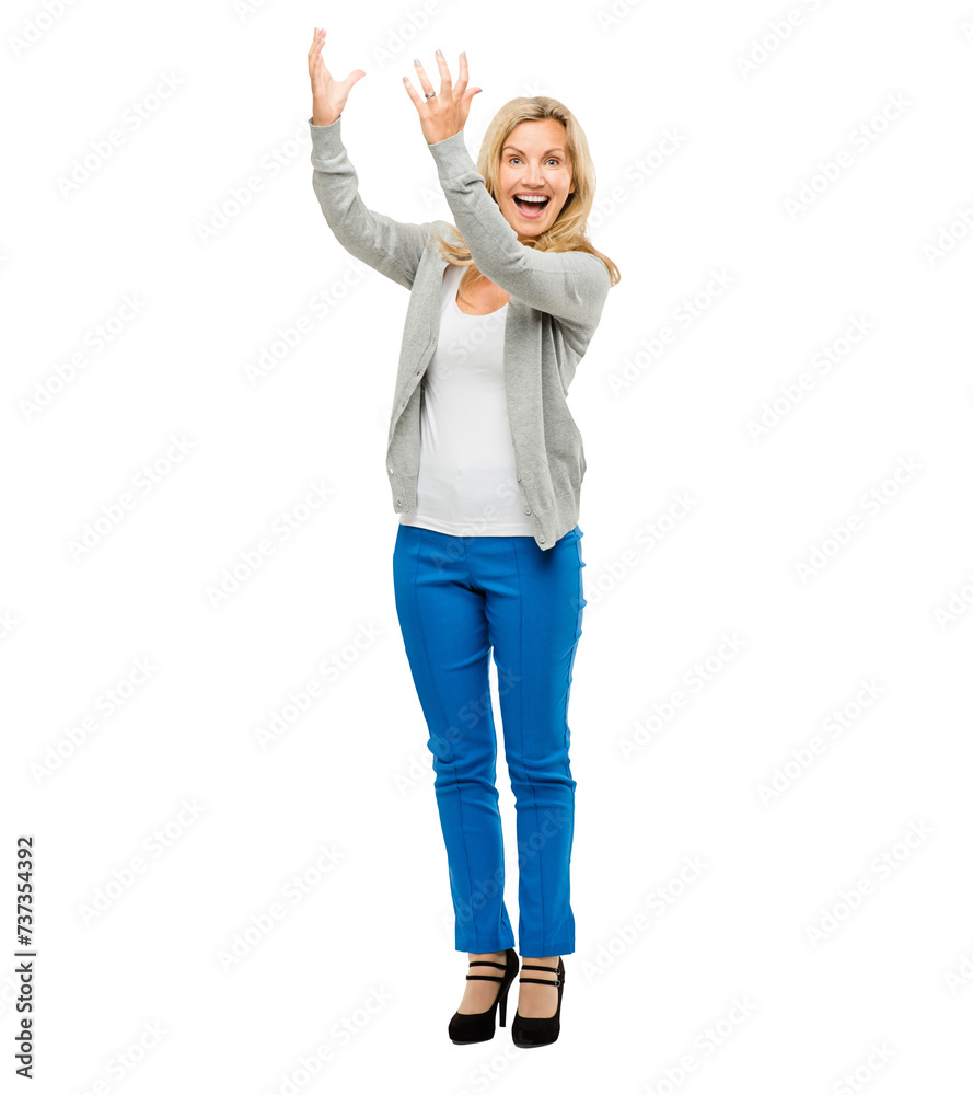 Wow, portrait and excited mature woman showing deal with happy energy isolated on transparent png background. Smile, celebration and person with announcement, presentation or winning with success. Wow, portrait and excited mature woman showing deal with happy energy isolated on transparent png background. Smile, celebration and person with announcement, presentation or winning with success.
