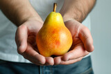 A person gently holds a ripe pear in their hands, showcasing the fruits shape and texture.