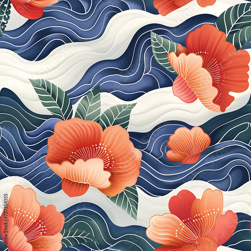 Asian Inspired Flowers and Water in a seamless tile