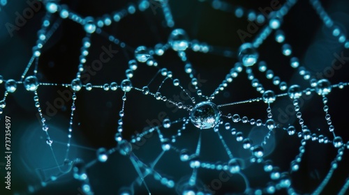 a close up of a spider web with drops of water on the spider's web, with a blurry background.