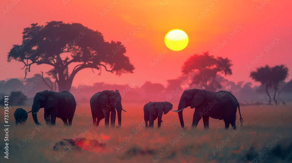 Fototapeta premium elephants in the sunset
