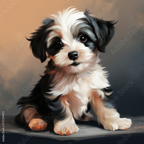 Yorkshire Terrier puppy sitting on the floor. Vector illustration.