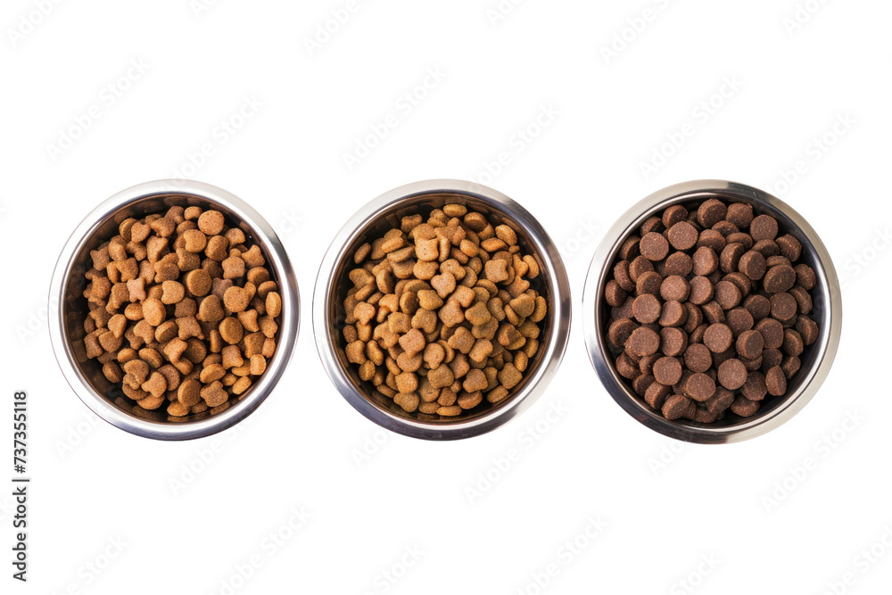 Set of dry food in metal bowls isolated on transparent white background. Set of dry food in metal bowls isolated on transparent white background.