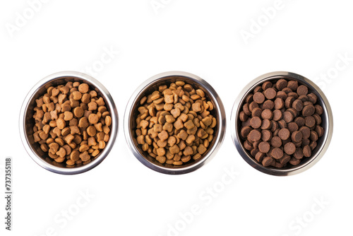 Set of dry food in metal bowls isolated on transparent white background.