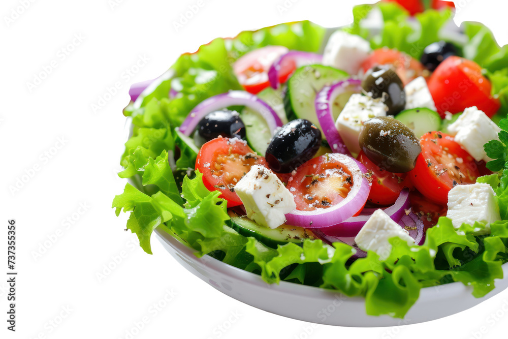 Salad with fresh vegetables and olive oil isolated on transparent white background.
