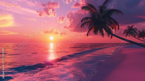 Serene sunset view over the ocean with silhouette of palm trees and pink-tinted clouds Perfect backdrop for relaxation and tropical vacation themes © Matthew