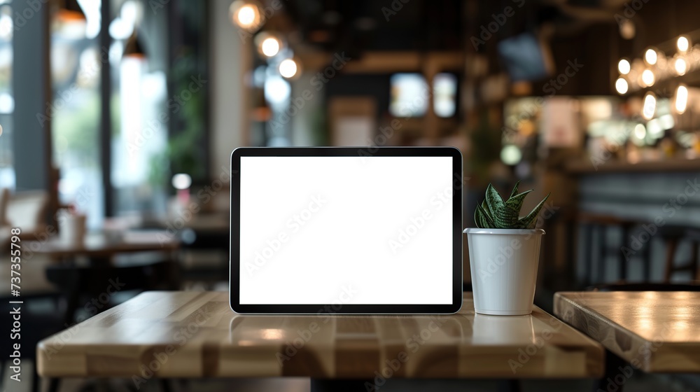 Fototapeta premium black tablet computer mockup on Caffee background. Generative AI