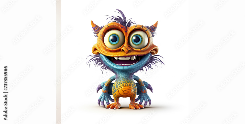 Cute cartoon monster with big eyes. 3d rendering. White background.Cute cartoon monster with blank banner. Illustration for children.Funny cartoon monster with big eyes and tail. Vector illustration. Cute cartoon monster with big eyes. 3d rendering. White background.Cute cartoon monster with blank banner. Illustration for children.Funny cartoon monster with big eyes and tail. Vector illustration.
