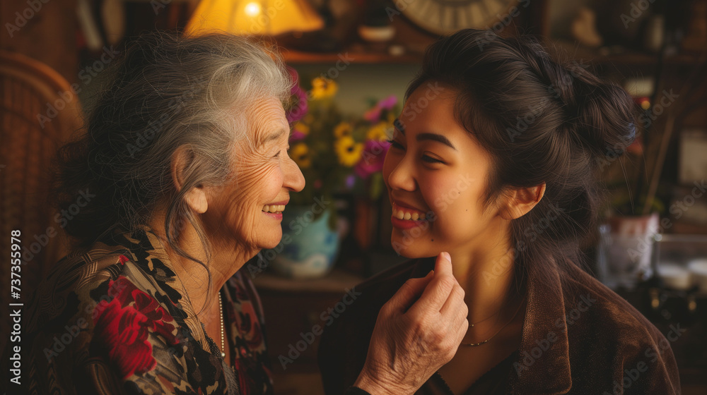 A tender moment between a joyful Asian grandmother and her granddaughter, sharing a smile and closeness in a cozy room