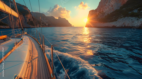 A boat is sailing on the ocean during a sunset. The water is blue and calm, and there are white cliffs in the background. photo