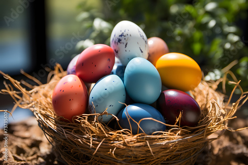 Colorful Easter eggs in a nest. Children outdoors Easter hunt tradition. Generative AI.