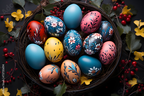 Colorful Easter eggs in a nest. Easter traditions and celebration. Generative AI.