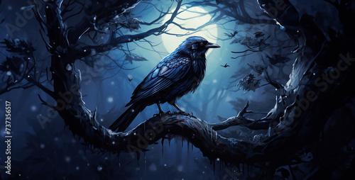 Illustration of a crow sitting on a branch in a dark forest,Halloween background with a crow and a full moon. Vector illustration. photo