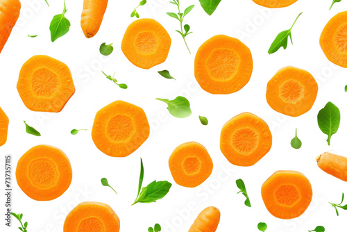Sliced carrots with leaves on transparent white isolated background.