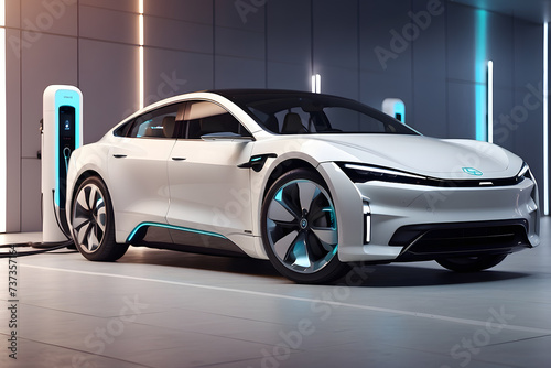 Future generic electric EV automobile vehicle parked at charging station unit charger to recharge long-range batterie for autonomy and supercharging high-speed network infrastructure services designed