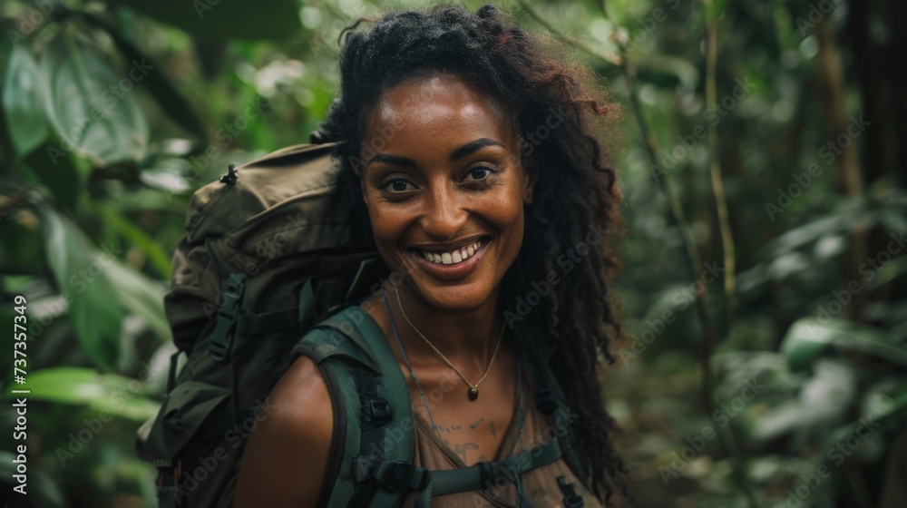 black woman adventurer smiling in the middle of a jungle, half body, cinematic, jungle, travel, nature, adventure black woman adventurer smiling in the middle of a jungle, half body, cinematic, jungle, travel, nature, adventure
