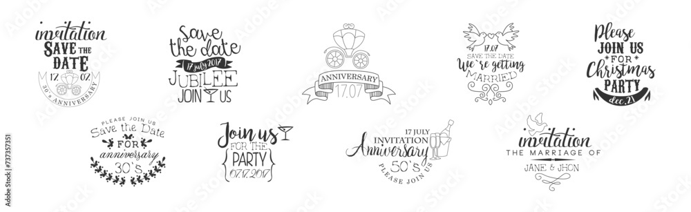 Lettering Festive Greeting Phrase for Invitation Card Vector Set