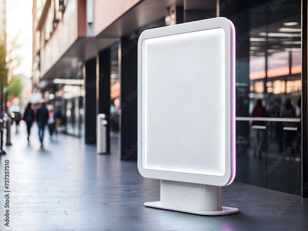 The futuristic modern design of public area information signboard neon screen as touchscreen interactive blank empty white billboard menu smart kiosk machine as street marketing display design. The futuristic modern design of public area information signboard neon screen as touchscreen interactive blank empty white billboard menu smart kiosk machine as street marketing display design.