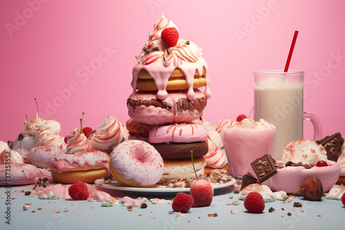 Playful Assortment of Desserts on a Pink Background