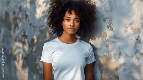 Women's White Short Sleeve Round Neck T-Shirt Mockup It is a useful tool for clothing designers to help visualize T-shirts before actual production Save time and money and makes it easier to decide. photo