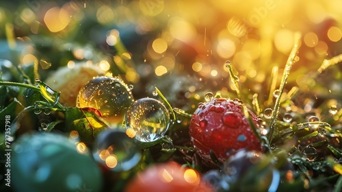 a close up of a bunch of fruit on a tree branch with drops of water on the fruit