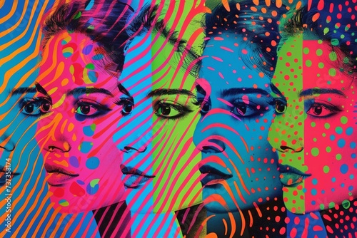 abstract portraits of female with different faces from around the world   polka dot pattern in retro pop art style. International Women s Day