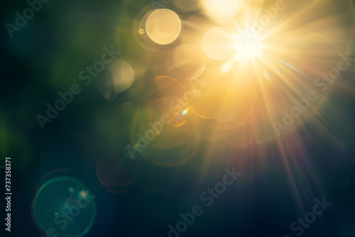 Abstract lens and light flare background. Lens flare overlay. Bokeh flash gleam. Defocused golden yellow color flecks on dark black abstract background. photo