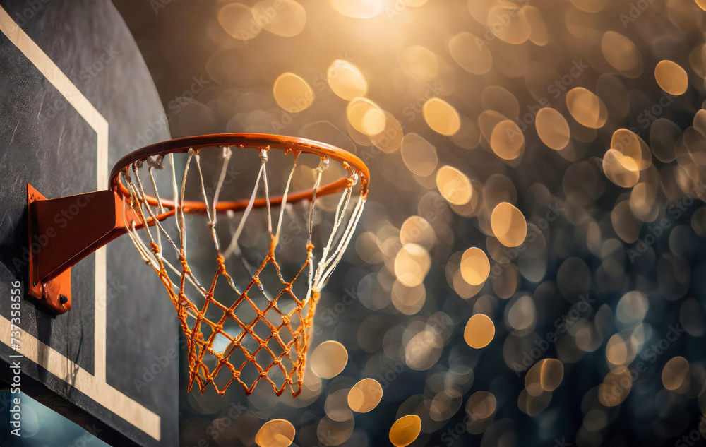 Close-up of a basketball court hoop with orange bokeh lights in the background.